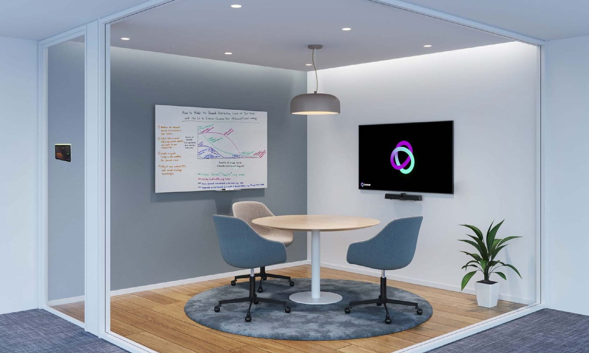 3 chairs around a small round table in a 3D mock up of a meeting room.