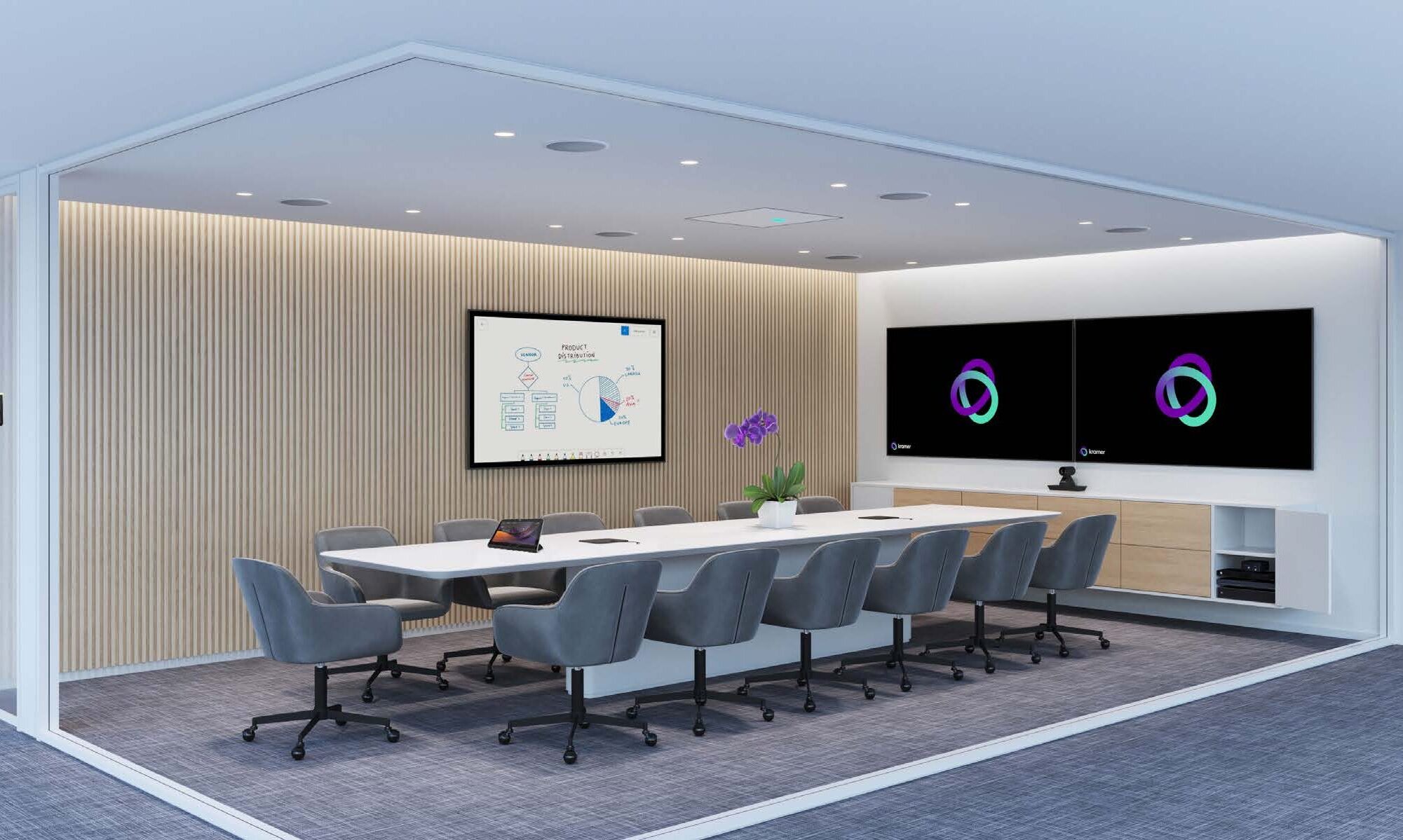 13 chairs around a long table in a 3D mock up of a conference room.