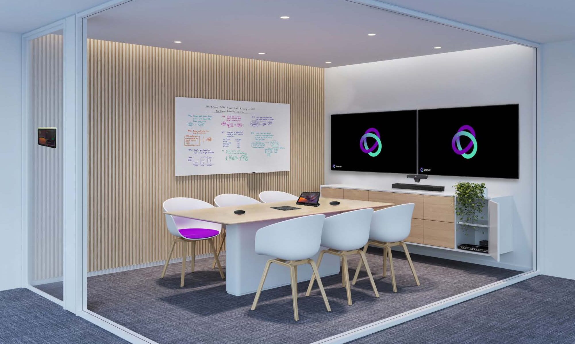 Six chairs around a rectangular table in a 3D mock up of a meeting room.